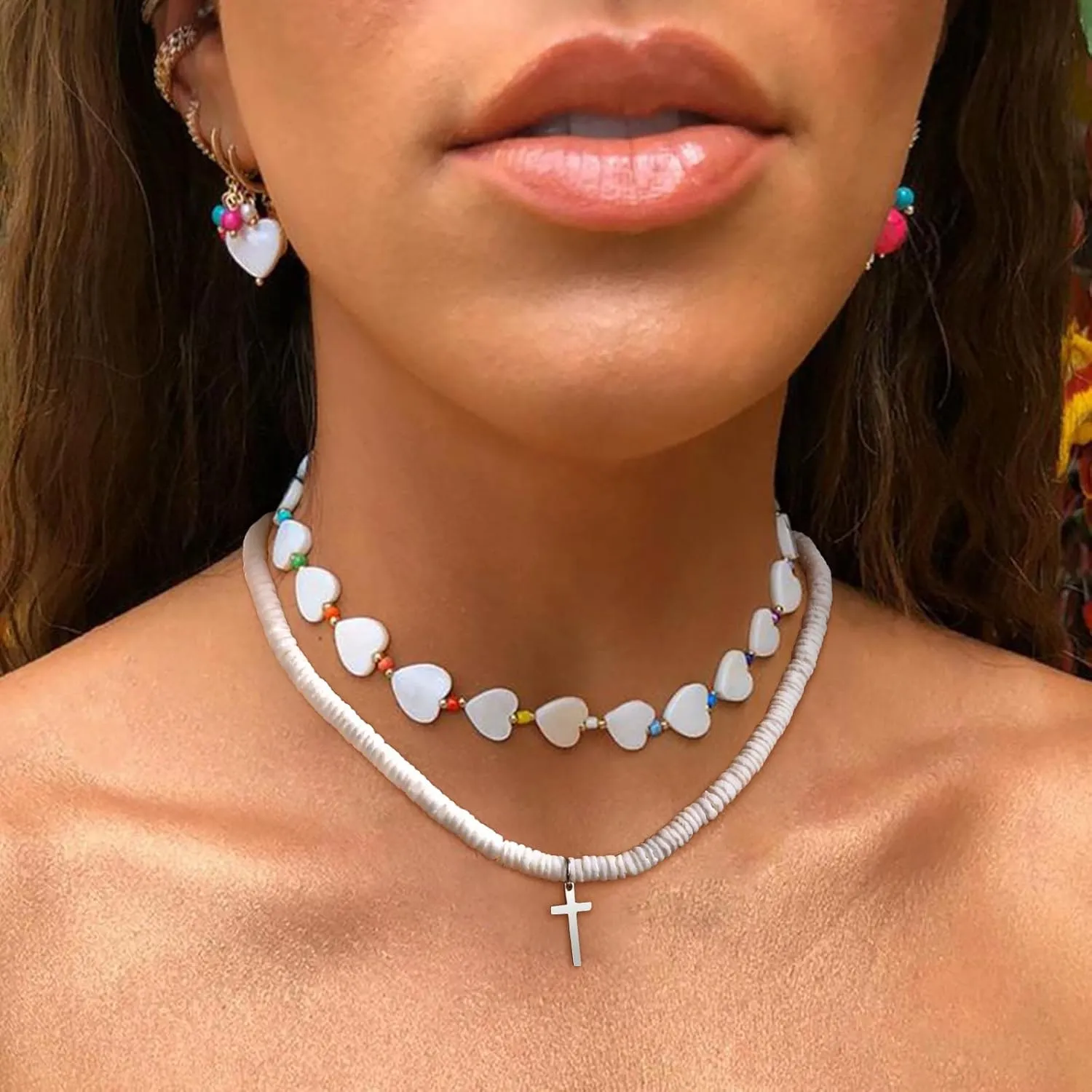 MPRAINBOW White Puka Shell Necklace - Summer Beach Surfer Jewelry Handmade Hawaiian Smooth Seashell Necklaces Cross Pendant, Beaded Choker Cross Necklace Pendant with Extension Chain for Women Men