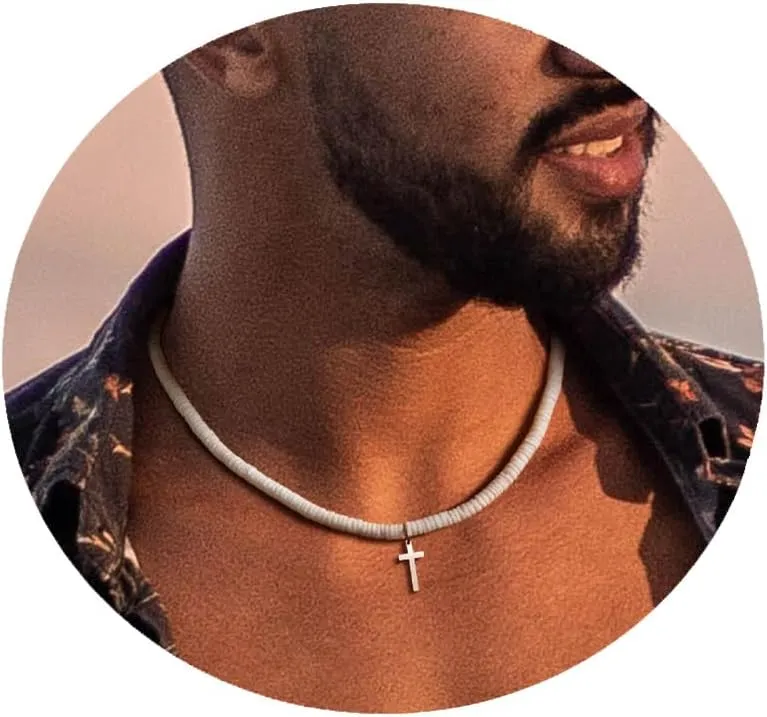 MPRAINBOW White Puka Shell Necklace - Summer Beach Surfer Jewelry Handmade Hawaiian Smooth Seashell Necklaces Cross Pendant, Beaded Choker Cross Necklace Pendant with Extension Chain for Women Men
