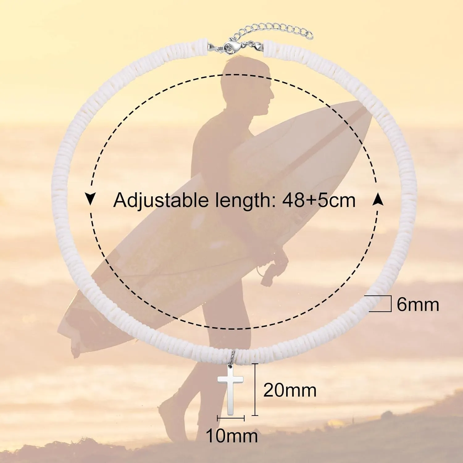 MPRAINBOW White Puka Shell Necklace - Summer Beach Surfer Jewelry Handmade Hawaiian Smooth Seashell Necklaces Cross Pendant, Beaded Choker Cross Necklace Pendant with Extension Chain for Women Men