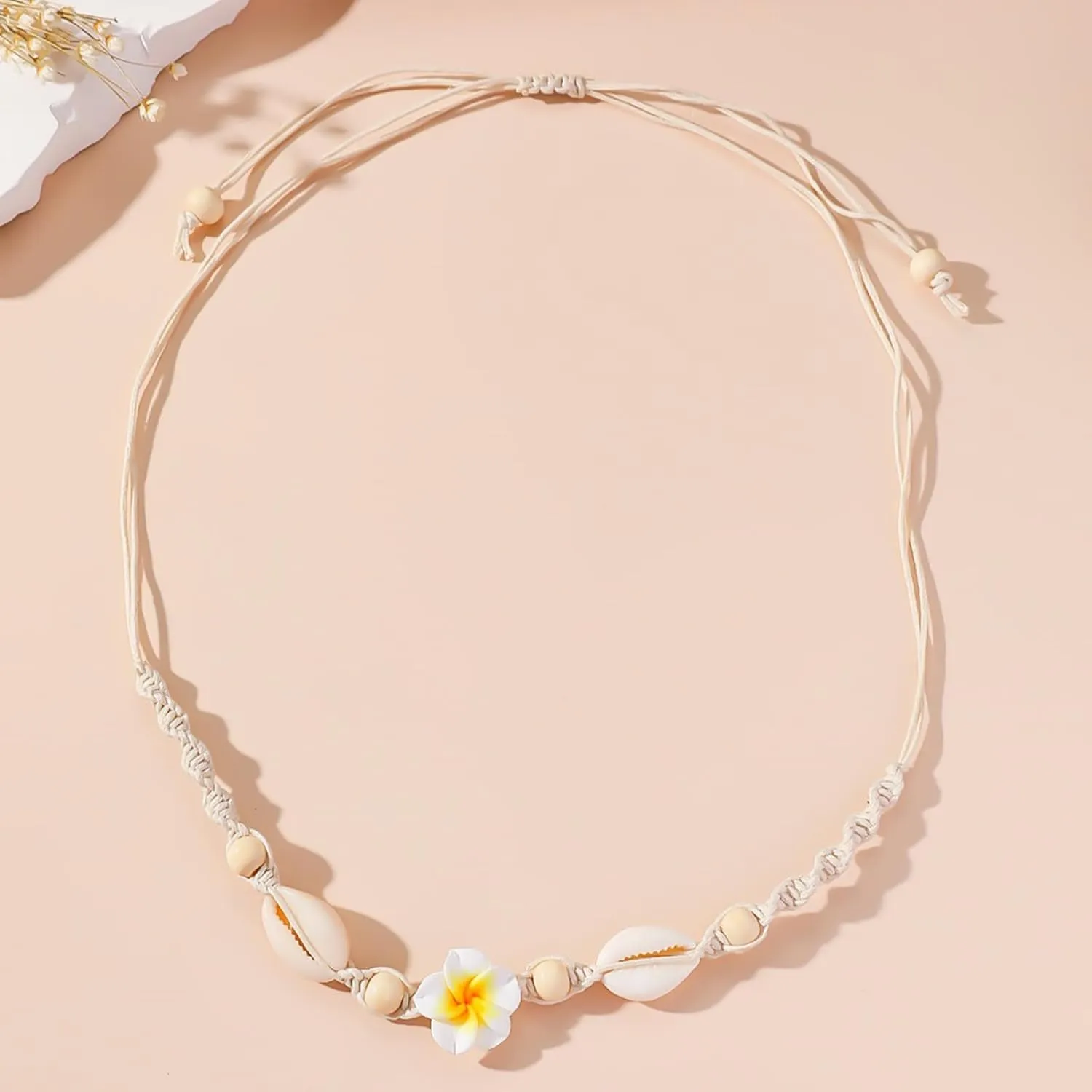 Nackiy Handmade Sea Shell Necklace for Women Summer Adjustable Natural Shell Collar Necklace (Beige Braided Rope)