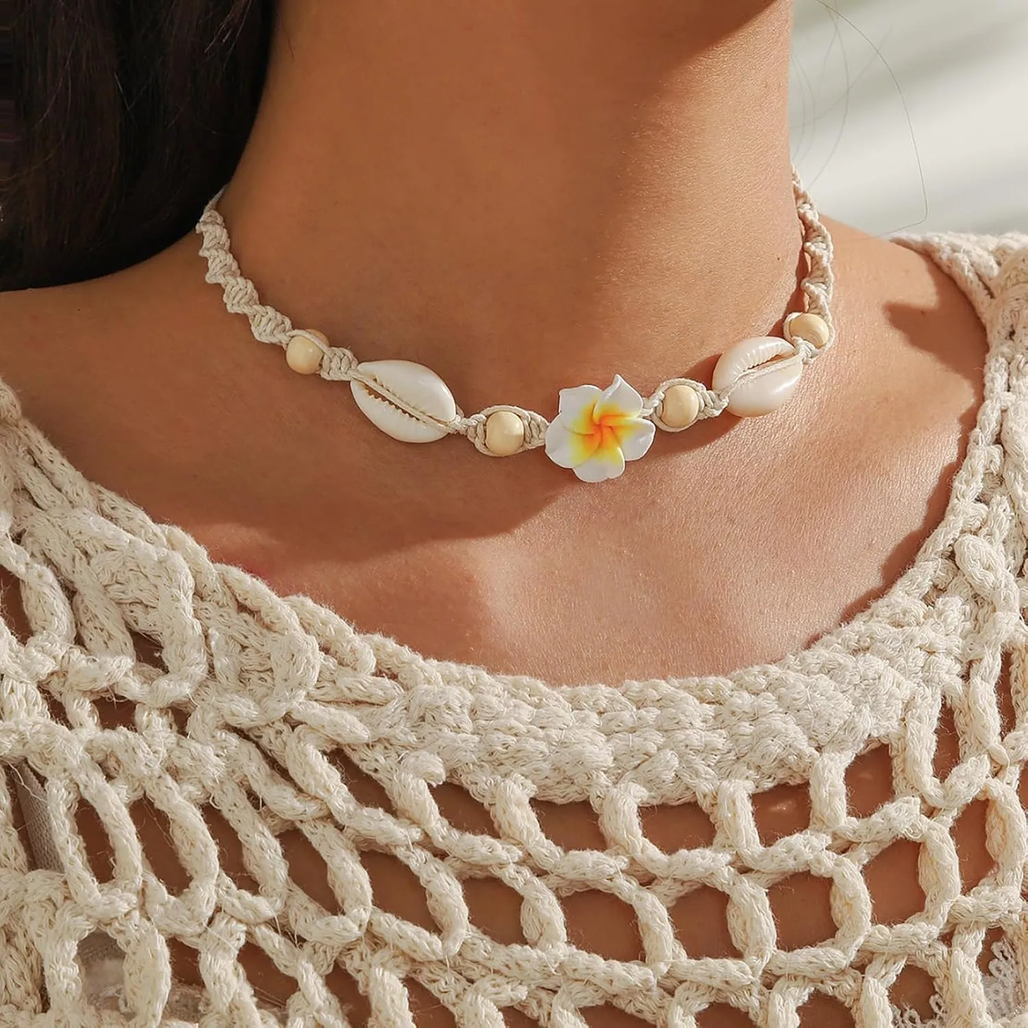 Nackiy Handmade Sea Shell Necklace for Women Summer Adjustable Natural Shell Collar Necklace (Beige Braided Rope)
