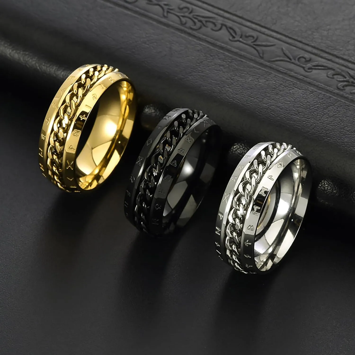 Nanafast Spinner Rings for Men, 8mm Stainless Steel Chain Ring for Men & Women, Fidget Ring for Anxiety, Viking Rings-Unique Chain Ring Viking Rune Rings Jewelry Gift