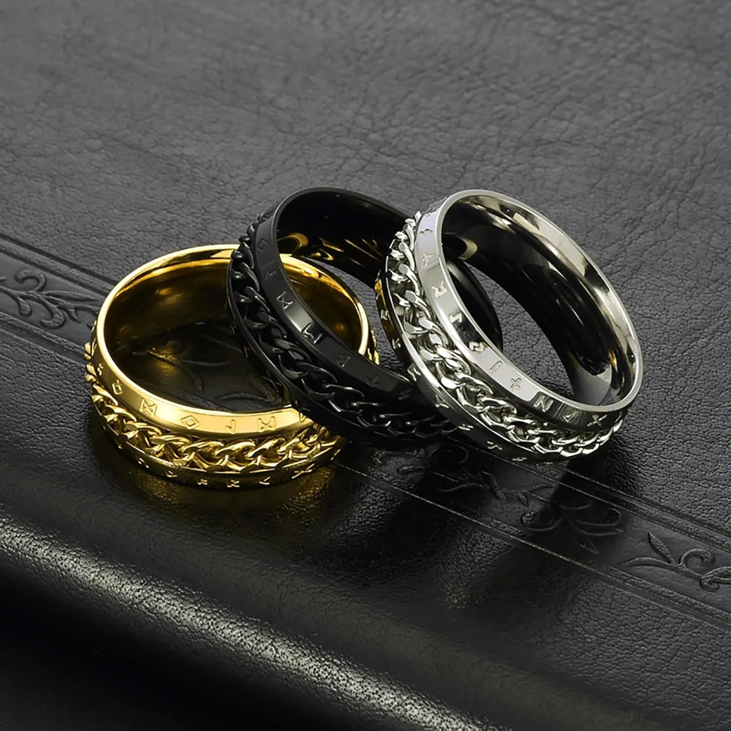 Nanafast Spinner Rings for Men, 8mm Stainless Steel Chain Ring for Men & Women, Fidget Ring for Anxiety, Viking Rings-Unique Chain Ring Viking Rune Rings Jewelry Gift