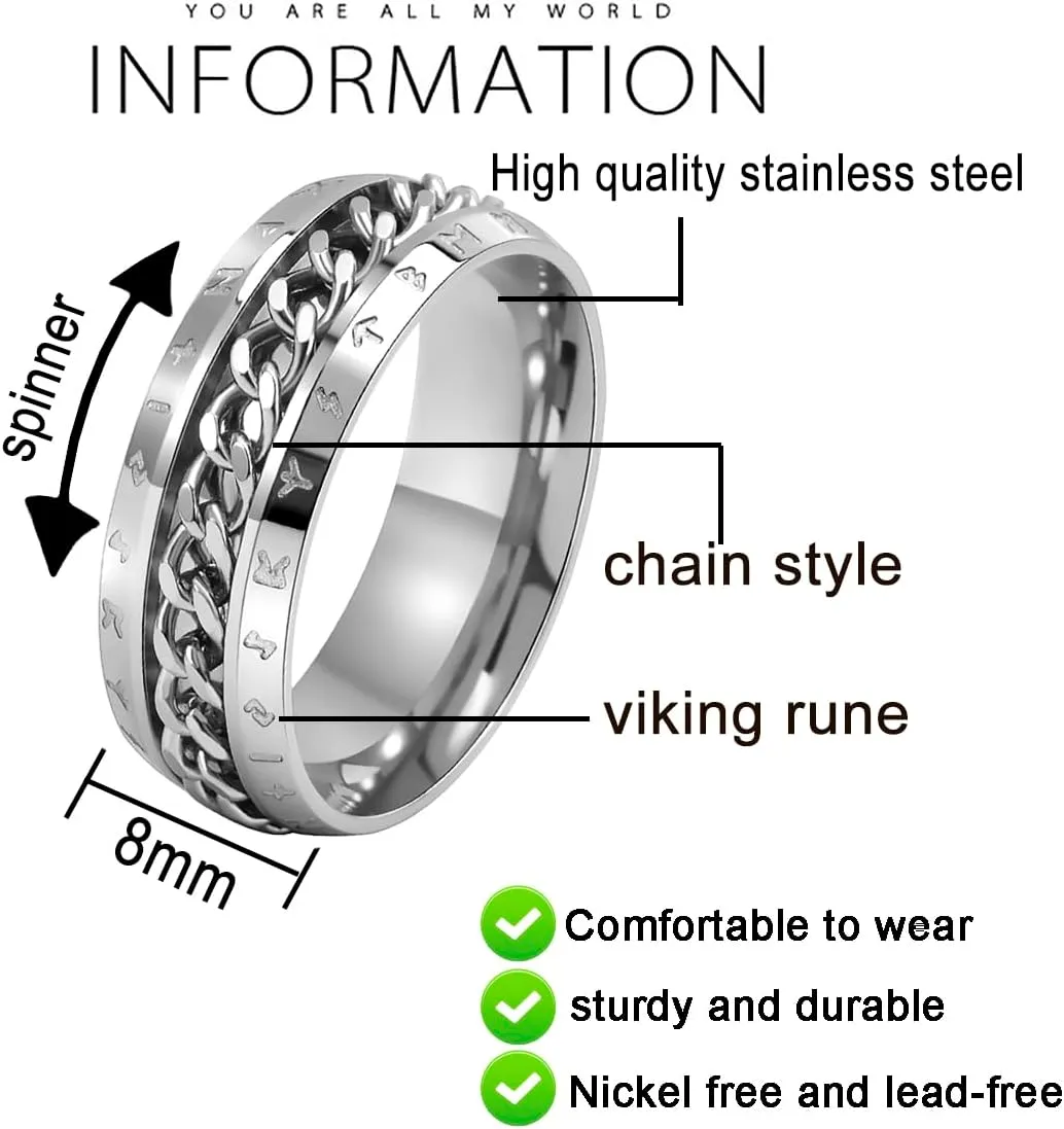 Nanafast Spinner Rings for Men, 8mm Stainless Steel Chain Ring for Men & Women, Fidget Ring for Anxiety, Viking Rings-Unique Chain Ring Viking Rune Rings Jewelry Gift