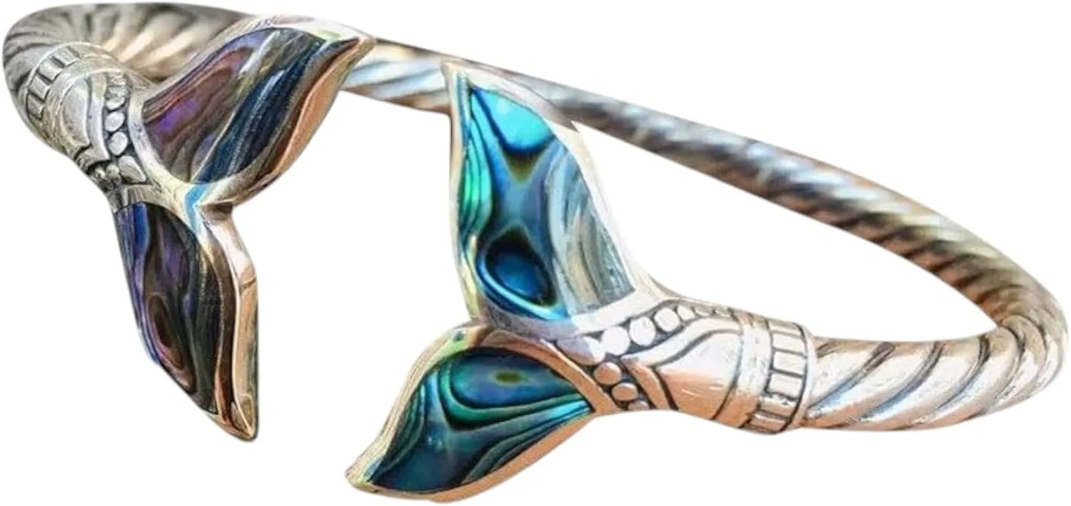 Natural Abalone Shell Mermaid Tail Bangle Bracelet For Women Open Cuff Bracelets And Bangles Vintage Jewelry