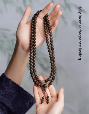 Natural Agarwood Rosary Bracelet - 108 Beads 6mm Handmade Buddhist Rosary for Men and Women, Antique Wood Meditation Yoga Jewelry