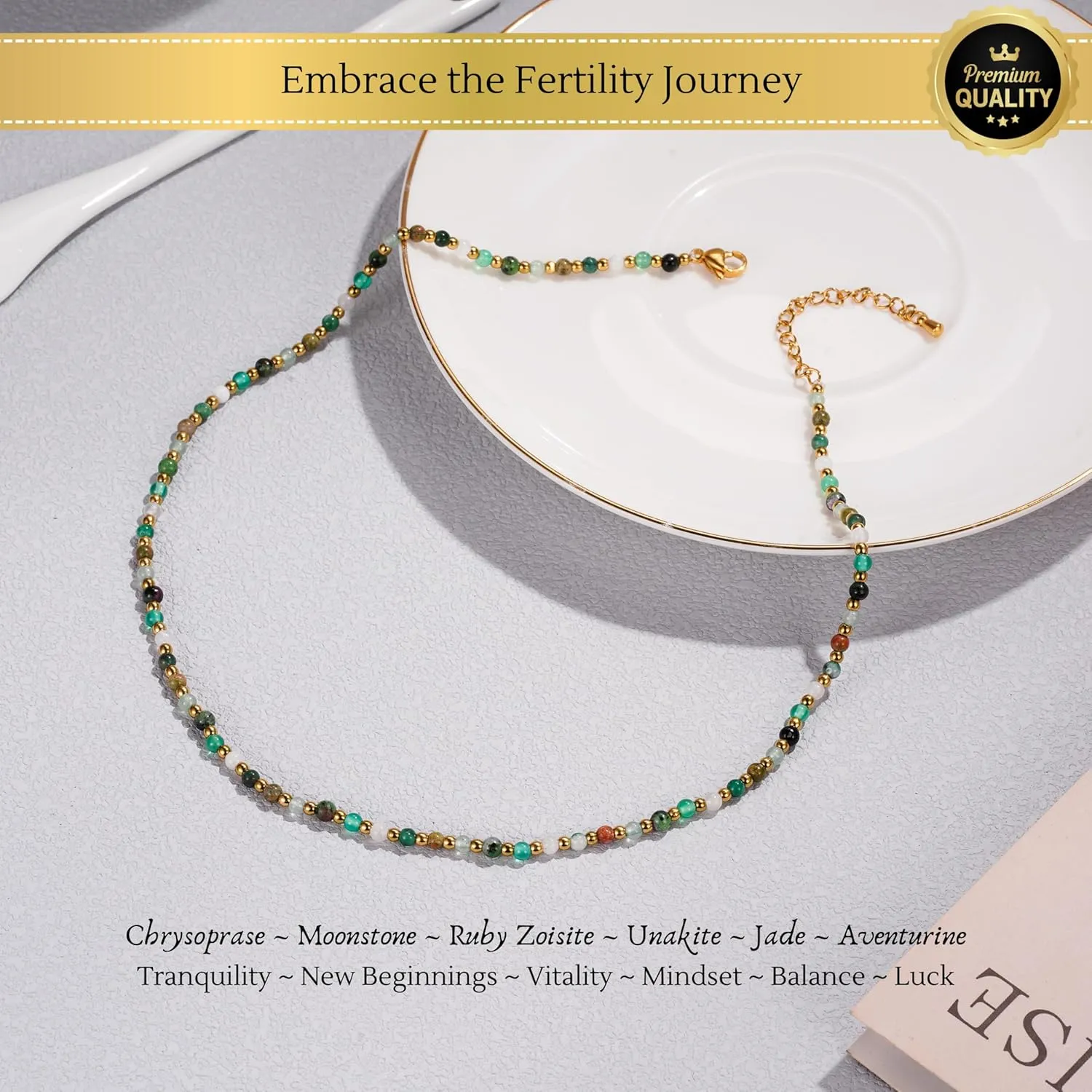 Natural Crystal Necklaces for Moms, Pregnancy, and Fertility | Choker-Style with Extender Chain with Real Gemstones: Moonstone, Amethyst, Rose Quartz, Pink Chalcedony, and Lepidolite