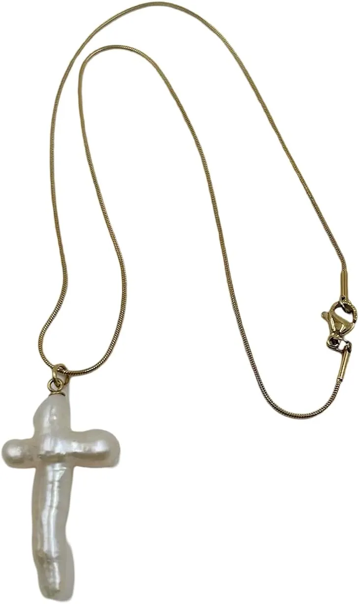 Natural Freshwater Pearl Cross Necklace, Baroque Style, 18K Gold Plated Steel Chain