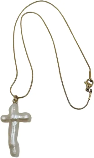 Natural Freshwater Pearl Cross Necklace, Baroque Style, 18K Gold Plated Steel Chain