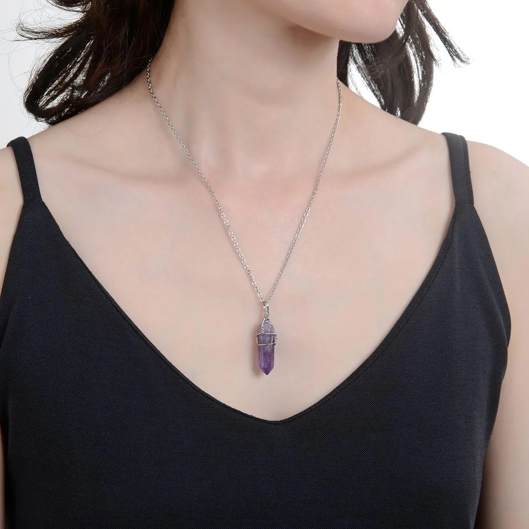 Natural Gemstone Bullet Pendant Necklace Wire Wrapped Healing Crystal Stone Quartz Reiki Chakra Energy Rock 18 Inch Stainless Steel Chain Tarnish Resistant Women Jewelry