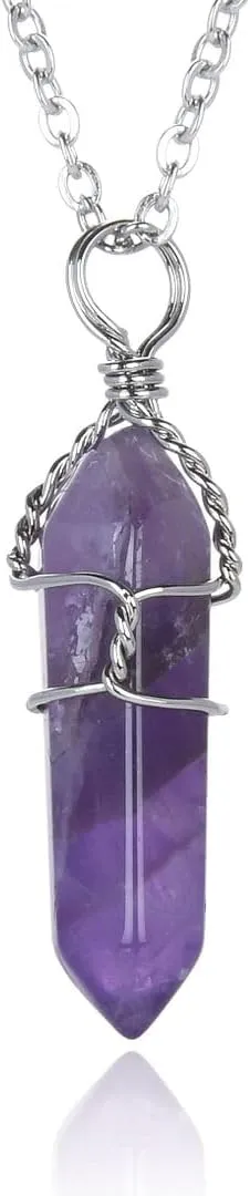 Natural Gemstone Bullet Pendant Necklace Wire Wrapped Healing Crystal Stone Quartz Reiki Chakra Energy Rock 18 Inch Stainless Steel Chain Tarnish Resistant Women Jewelry