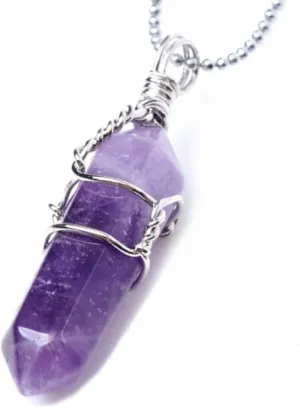 Natural Gemstone Bullet Pendant Necklace Wire Wrapped Healing Crystal Stone Quartz Reiki Chakra Energy Rock 18 Inch Stainless Steel Chain Tarnish Resistant Women Jewelry