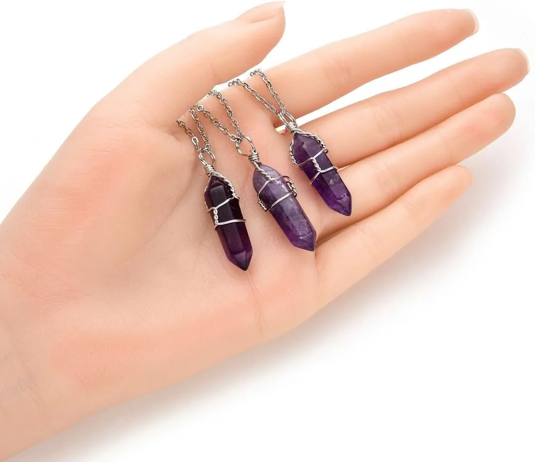 Natural Gemstone Bullet Pendant Necklace Wire Wrapped Healing Crystal Stone Quartz Reiki Chakra Energy Rock 18 Inch Stainless Steel Chain Tarnish Resistant Women Jewelry