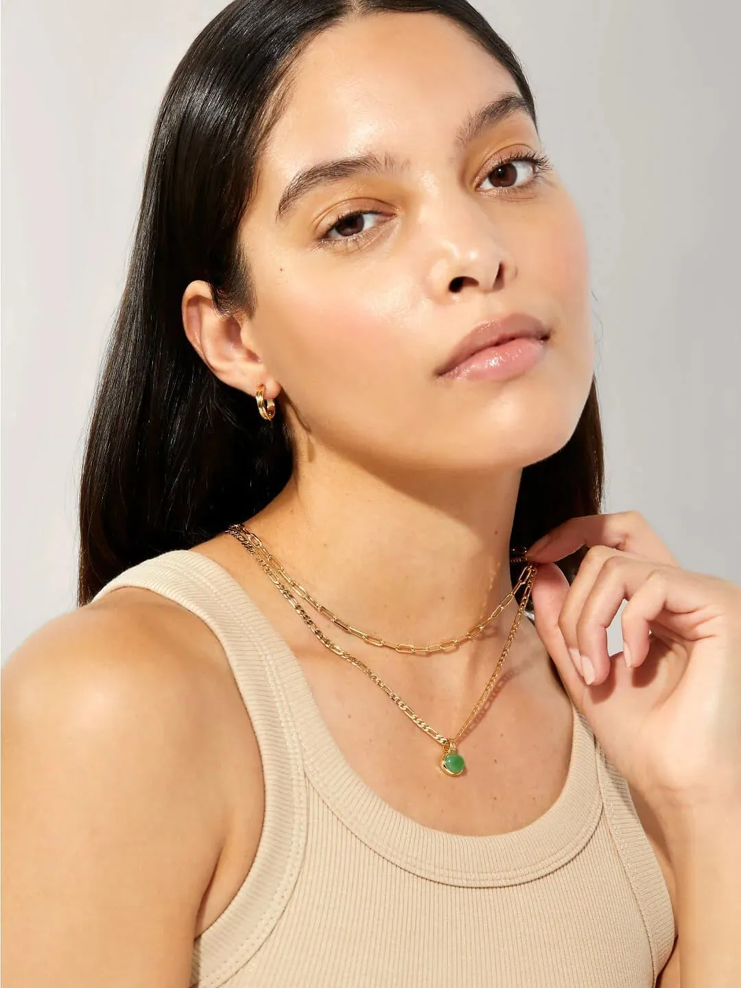 Natural Green Aventurine Stone Pendant Necklace for Women Dainty 18K Plated Gold Chain Choker Necklace,Layered Necklace,Jewelry Set Non Tarnish