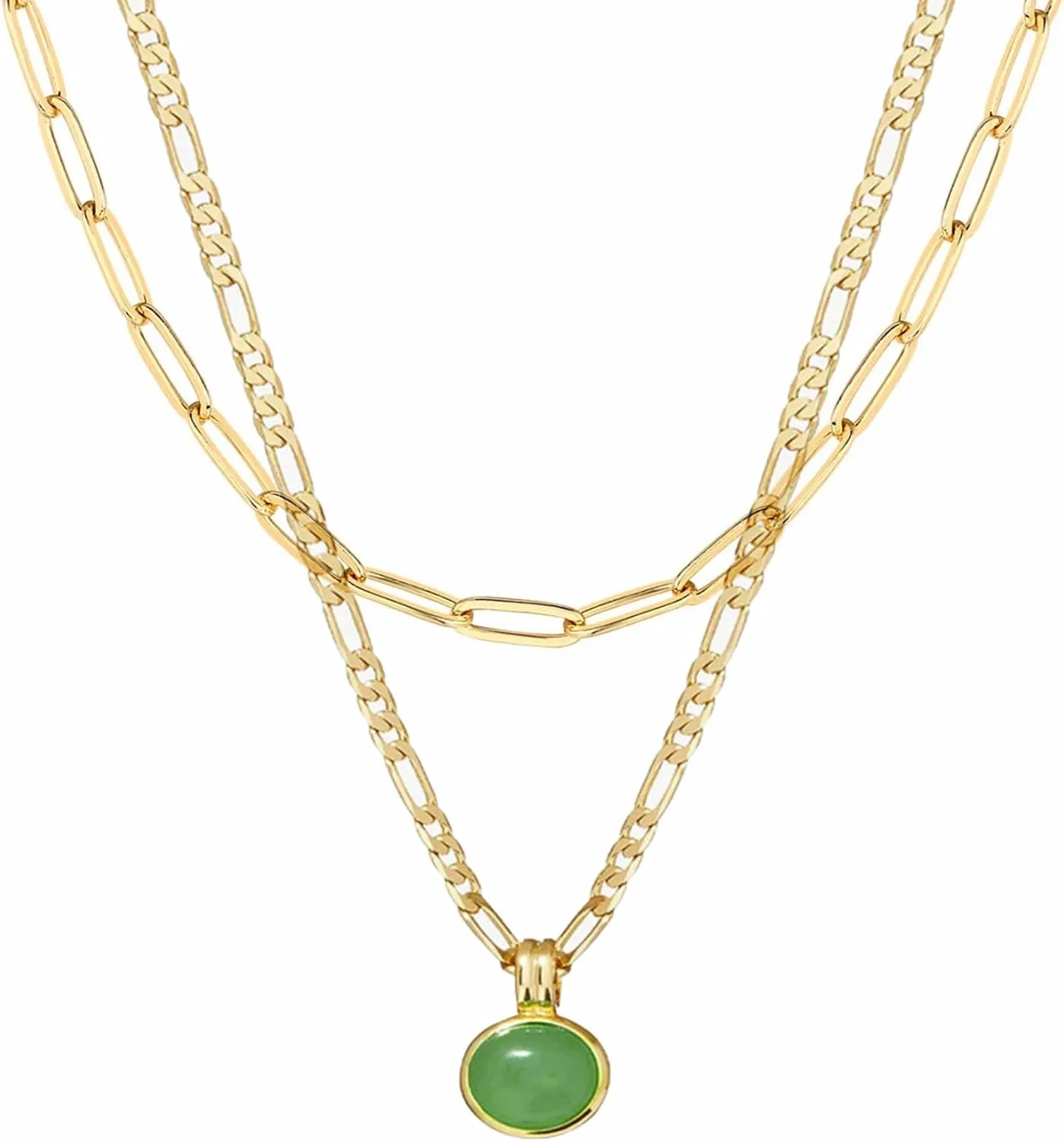 Natural Green Aventurine Stone Pendant Necklace for Women Dainty 18K Plated Gold Chain Choker Necklace,Layered Necklace,Jewelry Set Non Tarnish