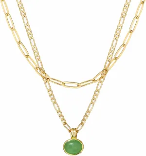 Natural Green Aventurine Stone Pendant Necklace for Women Dainty 18K Plated Gold Chain Choker Necklace,Layered Necklace,Jewelry Set Non Tarnish
