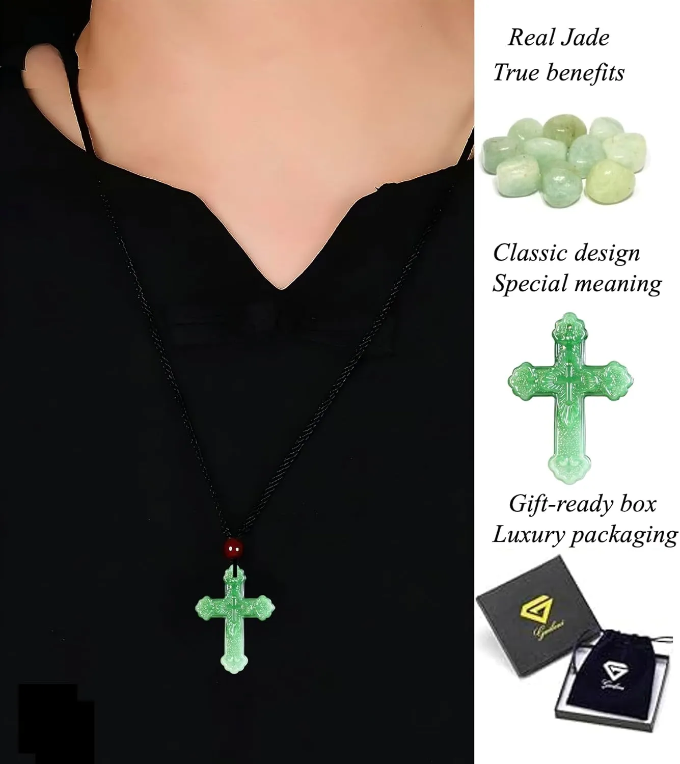 Natural Jade Cross Necklace. Hand Carved & Polished by Best East Asia Artisans. Promotoes Physical, Emotional, Spiritual Benefits