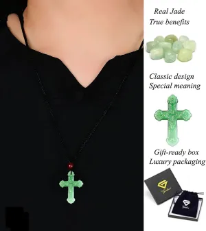 Natural Jade Cross Necklace. Hand Carved & Polished by Best East Asia Artisans. Promotoes Physical, Emotional, Spiritual Benefits