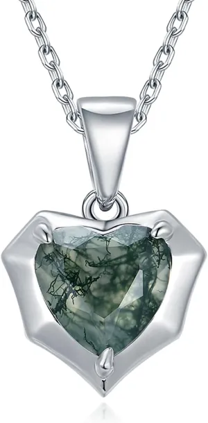 Natural Moss Agate Heart Necklaces for Women Solid 925 Sterling Silver Pendants for Wedding Engagement With Chains Fine Jewelry