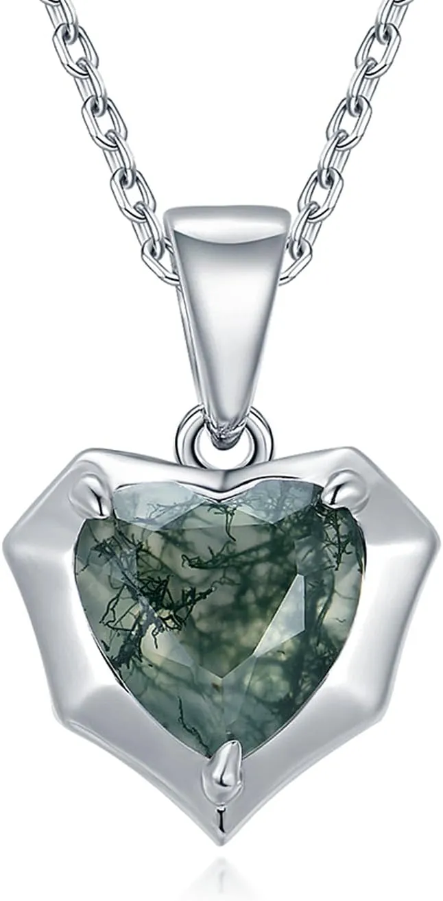 Natural Moss Agate Heart Necklaces for Women Solid 925 Sterling Silver Pendants for Wedding Engagement With Chains Fine Jewelry
