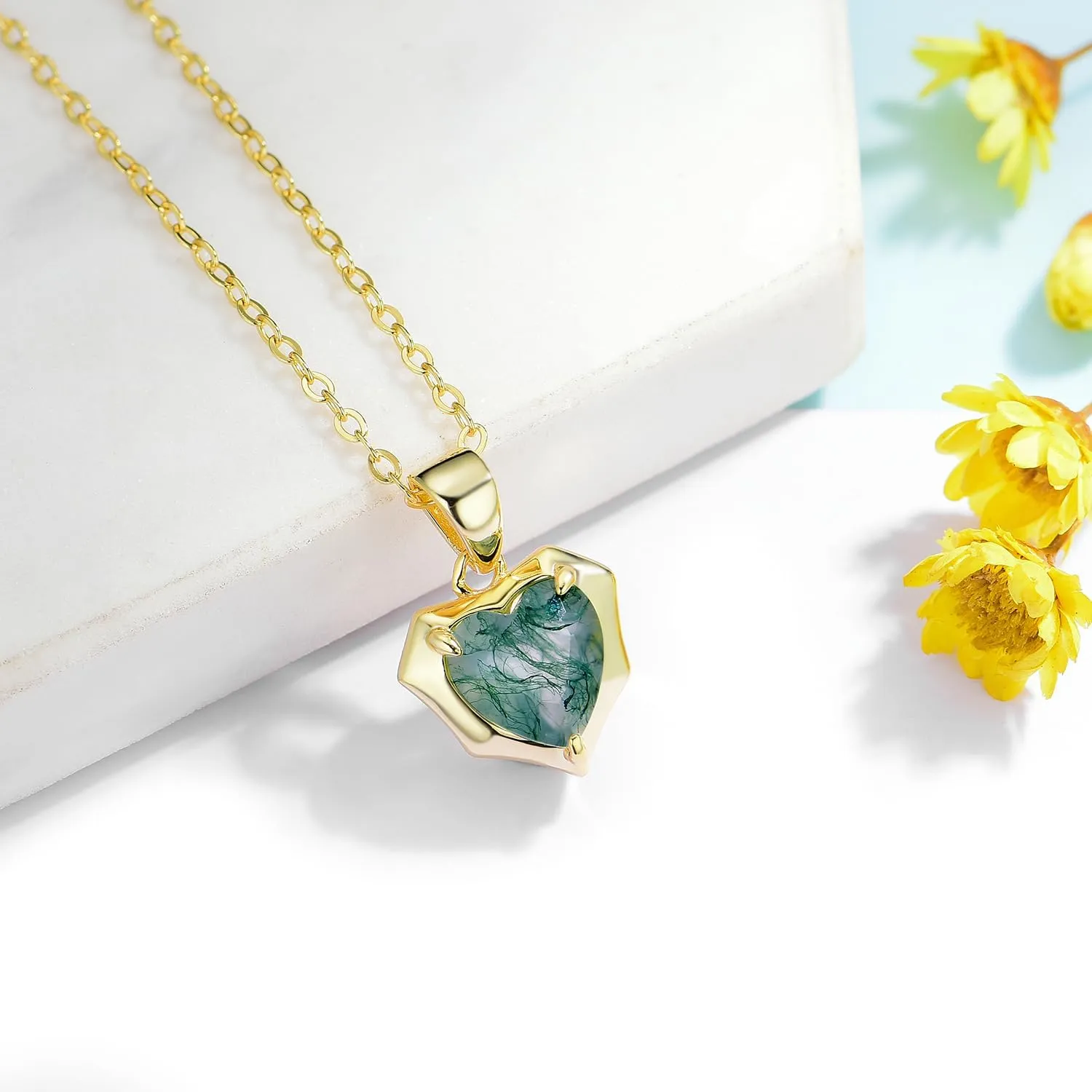 Natural Moss Agate Heart Necklaces for Women Solid 925 Sterling Silver Pendants for Wedding Engagement With Chains Fine Jewelry