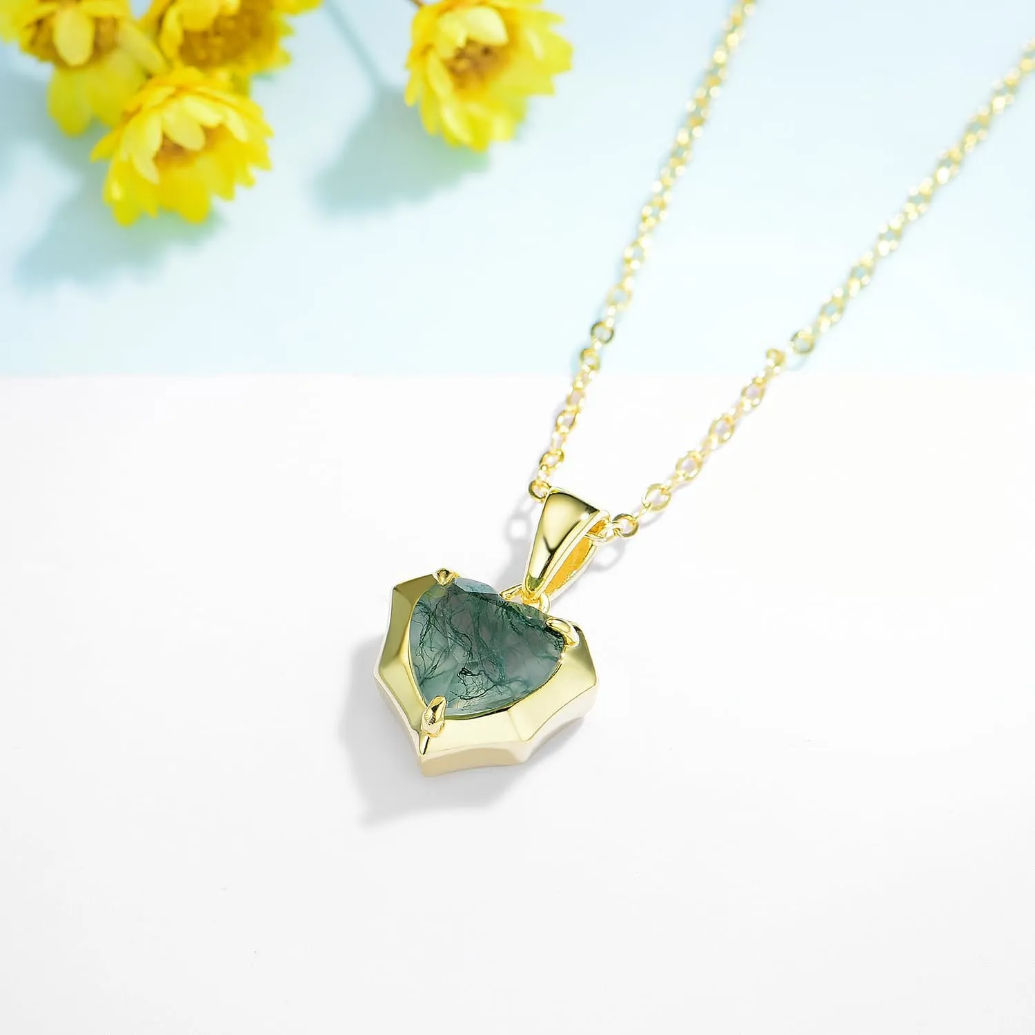 Natural Moss Agate Heart Necklaces for Women Solid 925 Sterling Silver Pendants for Wedding Engagement With Chains Fine Jewelry