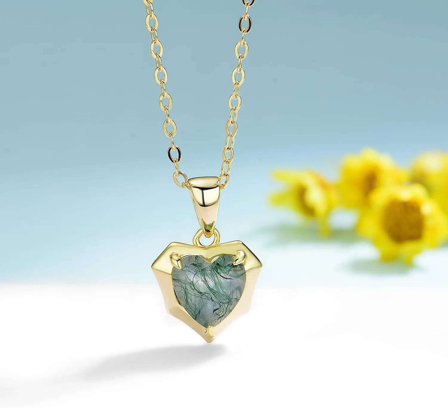 Natural Moss Agate Heart Necklaces for Women Solid 925 Sterling Silver Pendants for Wedding Engagement With Chains Fine Jewelry