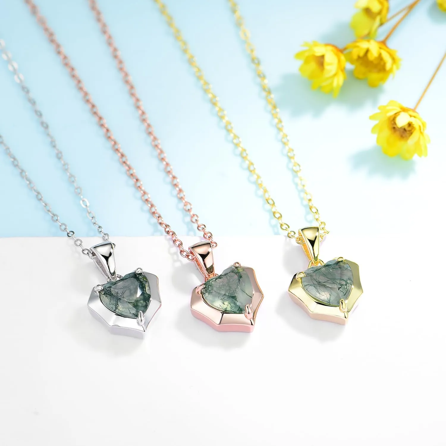 Natural Moss Agate Heart Necklaces for Women Solid 925 Sterling Silver Pendants for Wedding Engagement With Chains Fine Jewelry