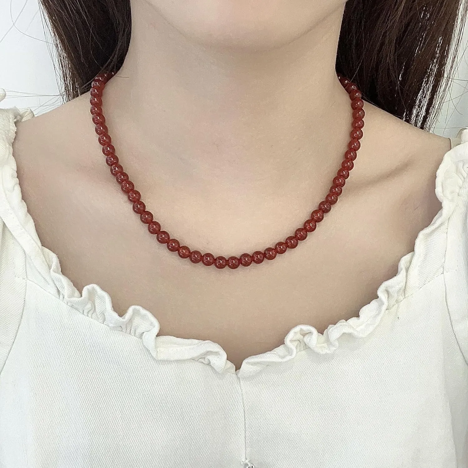 Natural Red Agate Choker Necklace Sterling Silver 6MM Round Beads Strand Necklace for Women