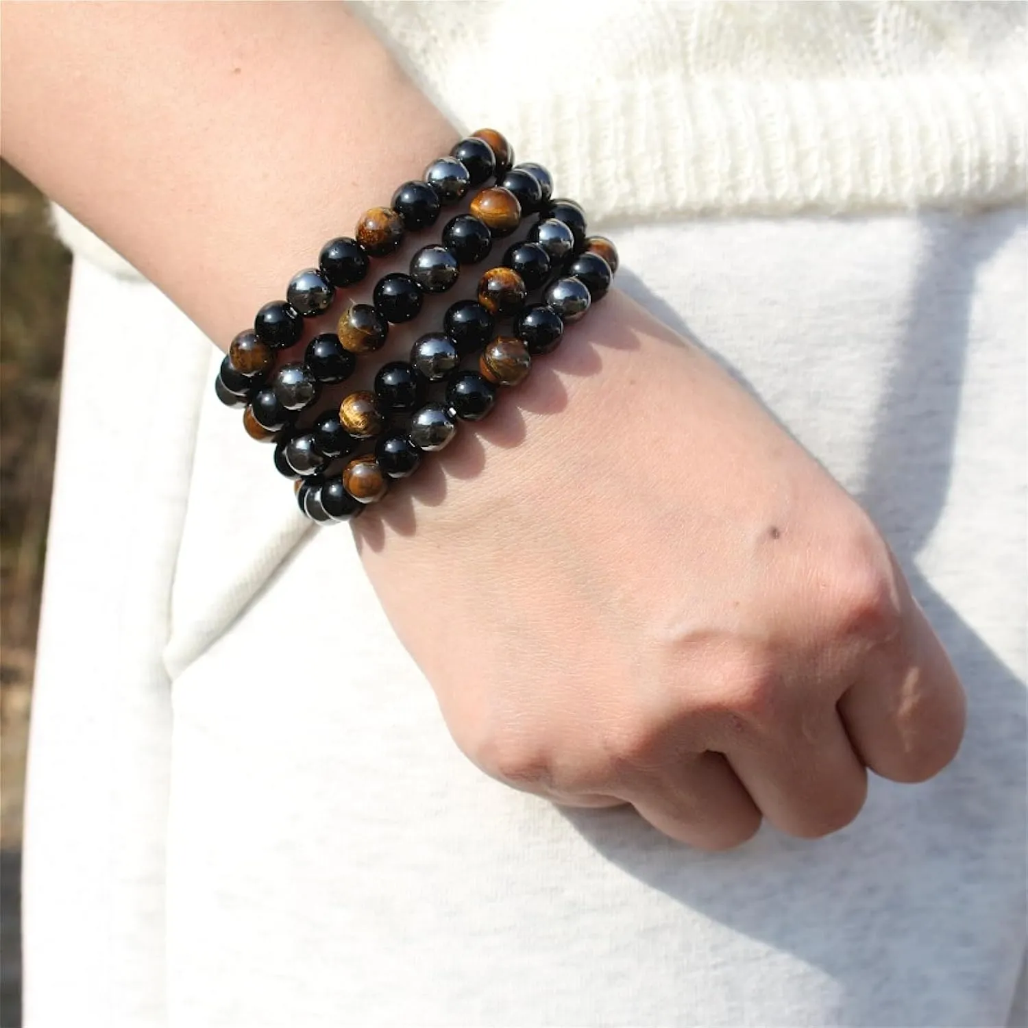 Natural Stone Beaded Necklace 8mm Tiger Eye Black Obsidian and Hematite Buddha bead lucky necklace 26 Inches, Black and Brown Men and women necklaces fift