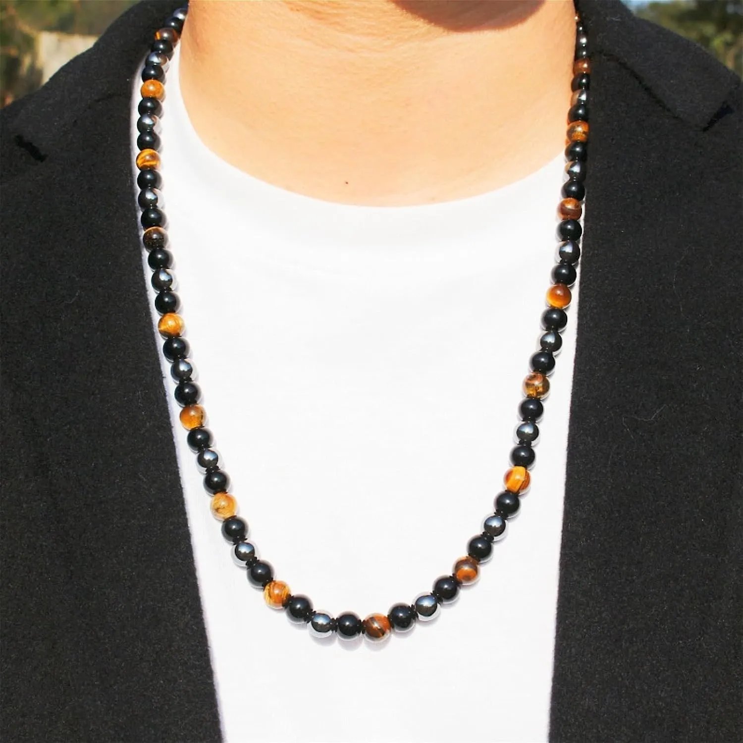 Natural Stone Beaded Necklace 8mm Tiger Eye Black Obsidian and Hematite Buddha bead lucky necklace 26 Inches, Black and Brown Men and women necklaces fift