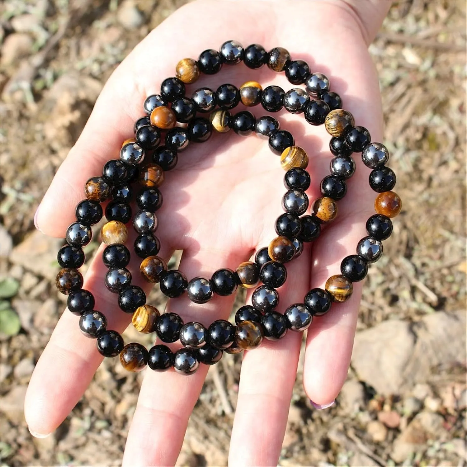 Natural Stone Beaded Necklace 8mm Tiger Eye Black Obsidian and Hematite Buddha bead lucky necklace 26 Inches, Black and Brown Men and women necklaces fift