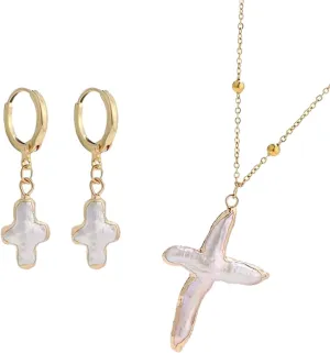 Nature Freshwater Pearl Cross Necklace Earring for Women,Baroque Pearl Earrings,Big Gold Cross Necklace,Minimalist Necklaces,Christian Jewelry