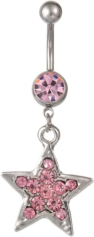 Navel Ring Stainless Steel, Crystal Unique Navel Rings for Women Star Shape Pink Navel Ring