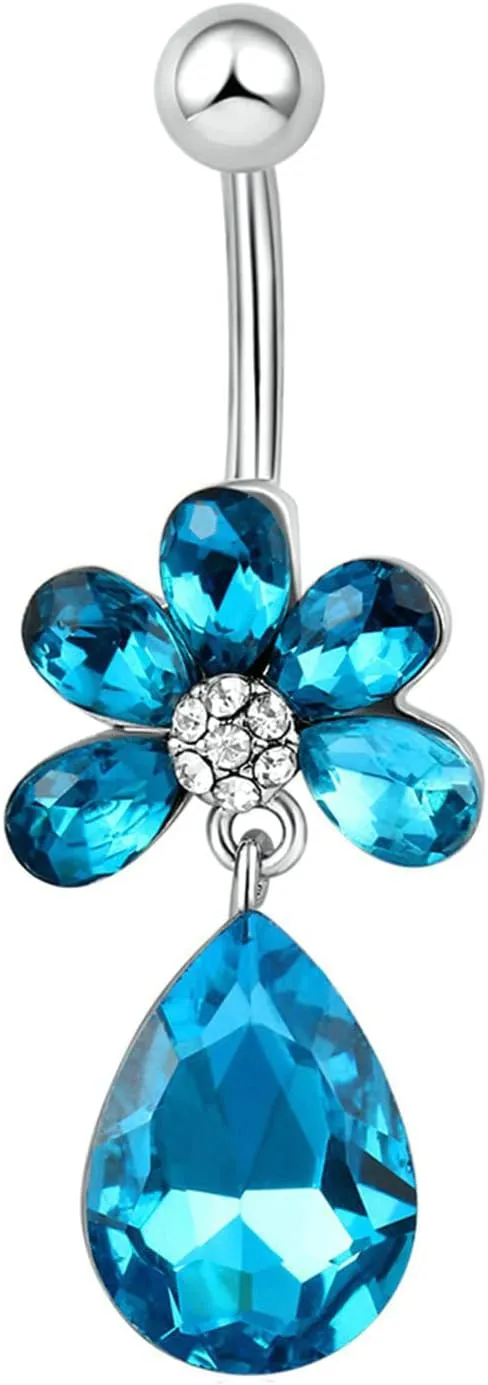 Navel Ring Stainless Steel Long, Crystal Unique Navel Rings for Women Flower Teardrop Blue Navel Piercing