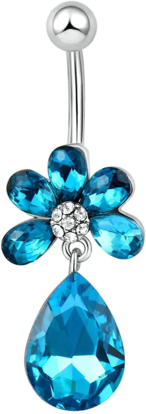 Navel Ring Stainless Steel Long, Crystal Unique Navel Rings for Women Flower Teardrop Blue Navel Piercing