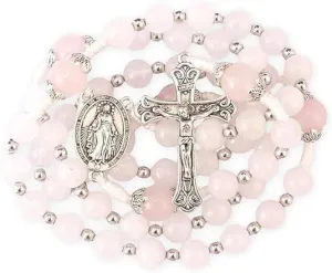 Nazareth Store 8mm White Jade & 10mm Natural Stone Beads Rosary Necklace St. Miraculous Medal & Cross Crucifix Catholic Prayer Beads Religious Jewelry