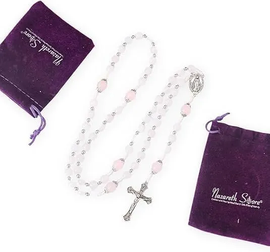 Nazareth Store 8mm White Jade & 10mm Natural Stone Beads Rosary Necklace St. Miraculous Medal & Cross Crucifix Catholic Prayer Beads Religious Jewelry