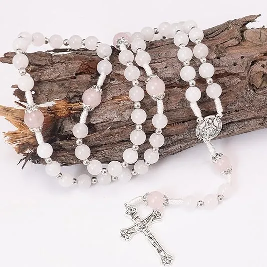 Nazareth Store 8mm White Jade & 10mm Natural Stone Beads Rosary Necklace St. Miraculous Medal & Cross Crucifix Catholic Prayer Beads Religious Jewelry