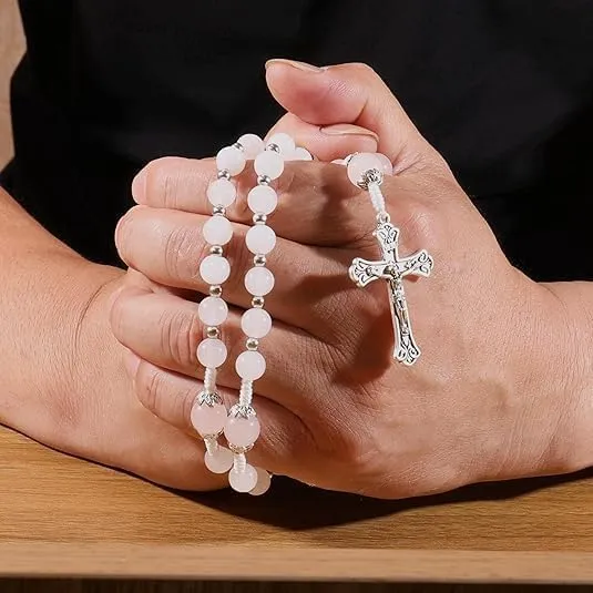 Nazareth Store 8mm White Jade & 10mm Natural Stone Beads Rosary Necklace St. Miraculous Medal & Cross Crucifix Catholic Prayer Beads Religious Jewelry