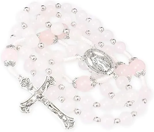 Nazareth Store 8mm White Jade & 10mm Natural Stone Beads Rosary Necklace St. Miraculous Medal & Cross Crucifix Catholic Prayer Beads Religious Jewelry