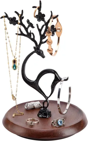 Necklace Holder - Black Metal Antlers Jewelry Display Stand with Wooden Base, Jewelry Tree Stand Organizer for Necklaces Earrings Rings Bracelet, Ideal Presents for Women & Girls