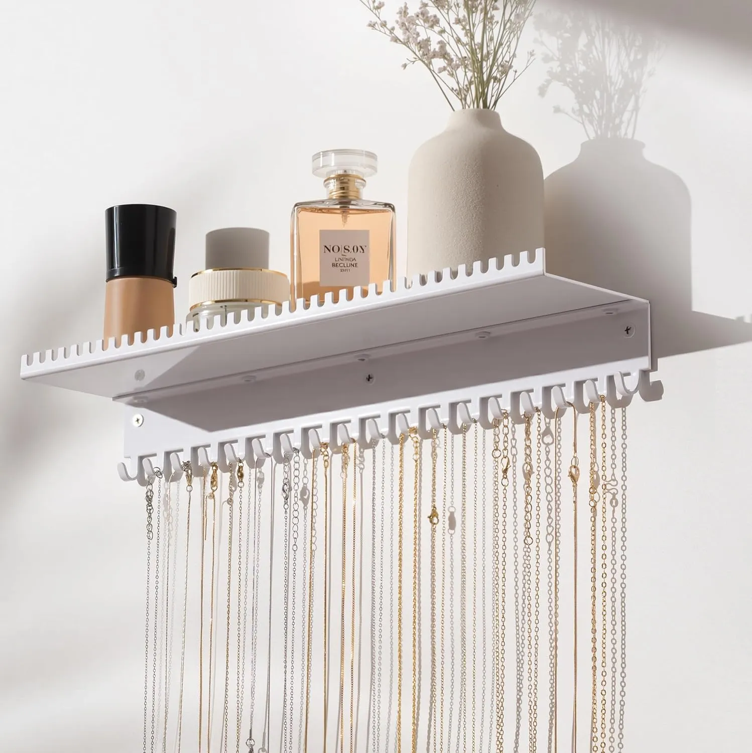 Necklace Holder Wall Hanging Organizer: Wall Mounted Jewelry Shelf with 56 Hooks and Tray, Display Hanger for Kids, Girls and Women, White & Metal