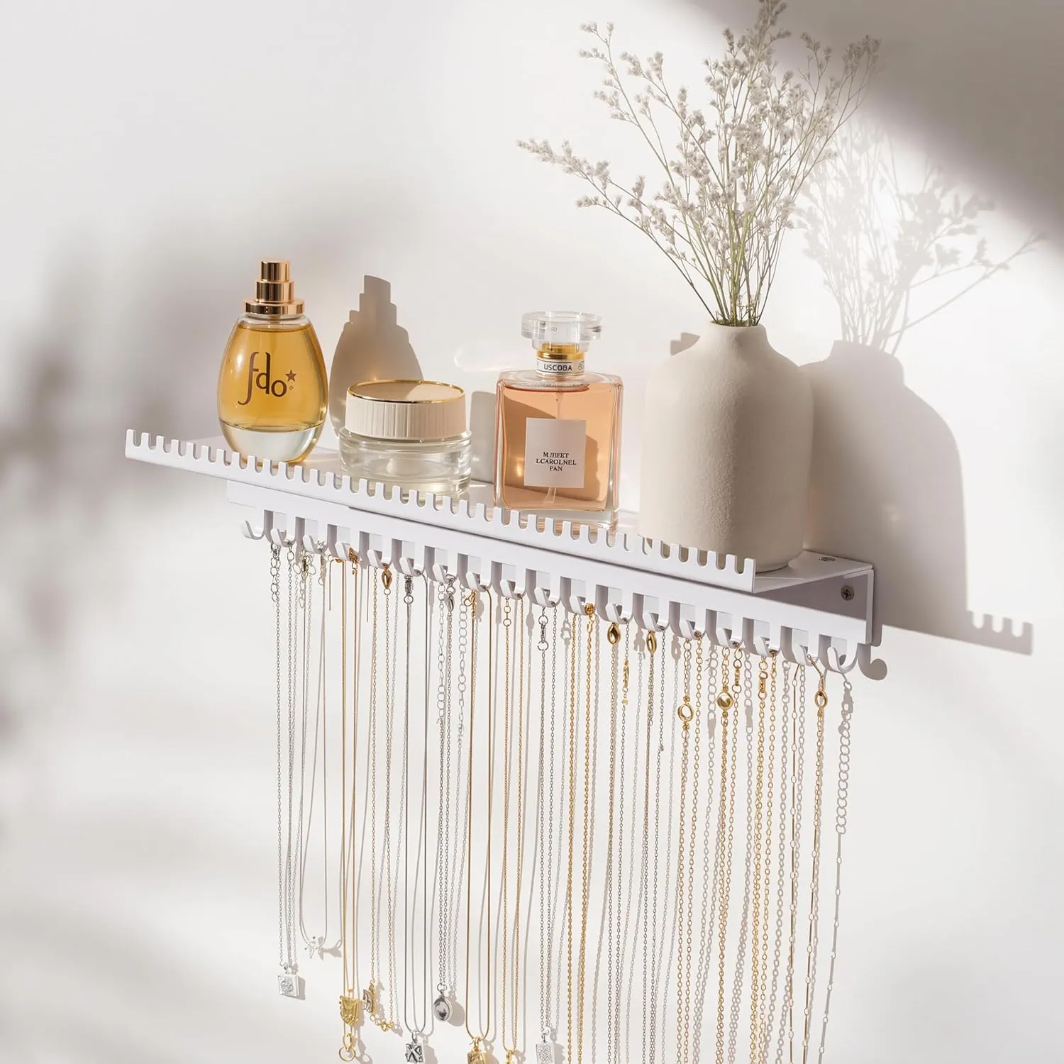 Necklace Holder Wall Hanging Organizer: Wall Mounted Jewelry Shelf with 56 Hooks and Tray, Display Hanger for Kids, Girls and Women, White & Metal