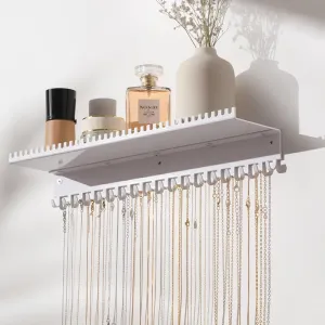 Necklace Holder Wall Hanging Organizer: Wall Mounted Jewelry Shelf with 56 Hooks and Tray, Display Hanger for Kids, Girls and Women, White & Metal