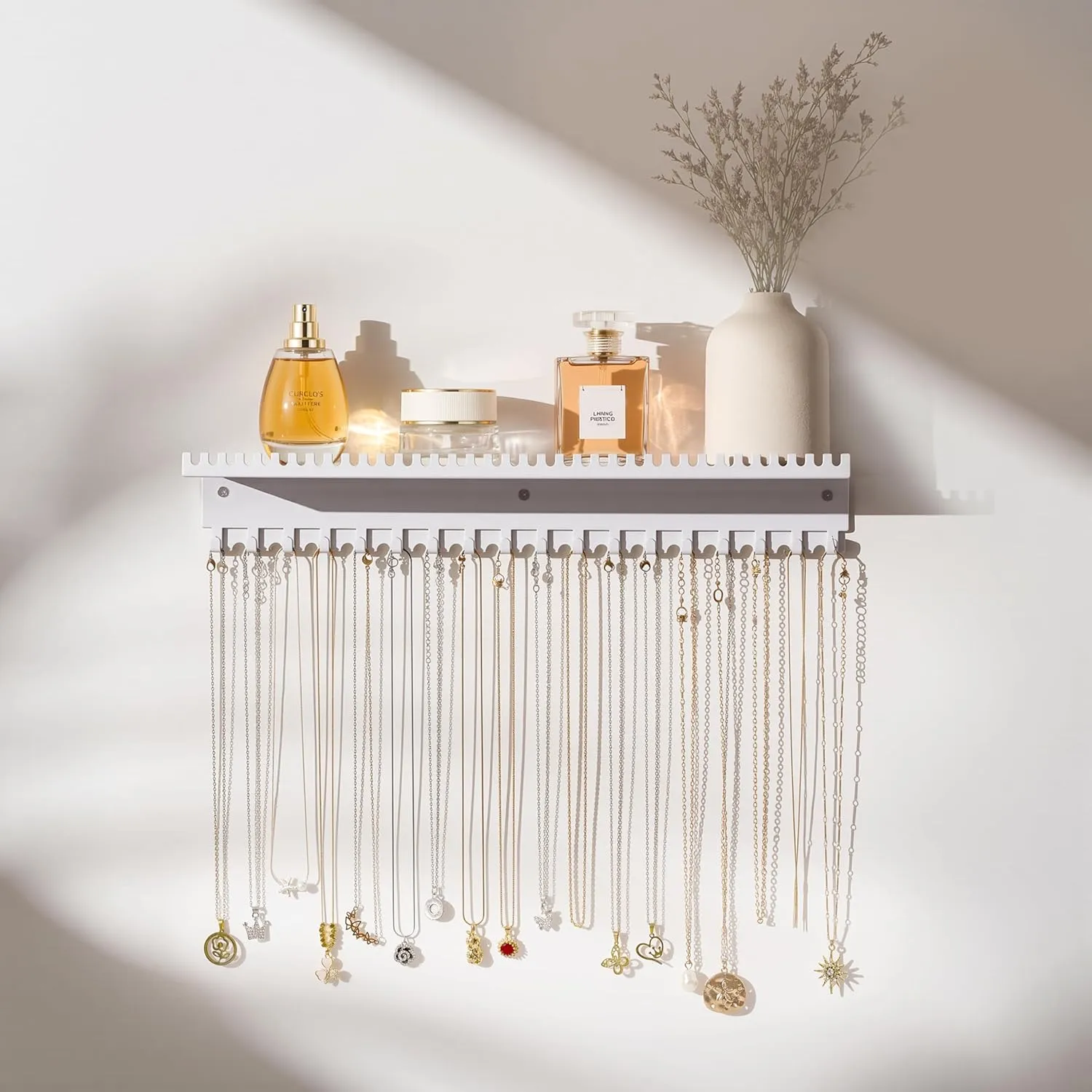 Necklace Holder Wall Hanging Organizer: Wall Mounted Jewelry Shelf with 56 Hooks and Tray, Display Hanger for Kids, Girls and Women, White & Metal