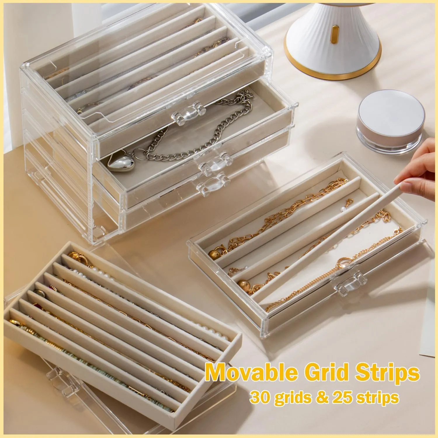 Necklace Organizer Box with 5 Drawers 30 Compartments, Dustproof Velvet Necklace Display Tray, Acrylic Necklaces Display Case, Pendant Chains Necklace Storage Tray Gift for Women and Girls (Beige)