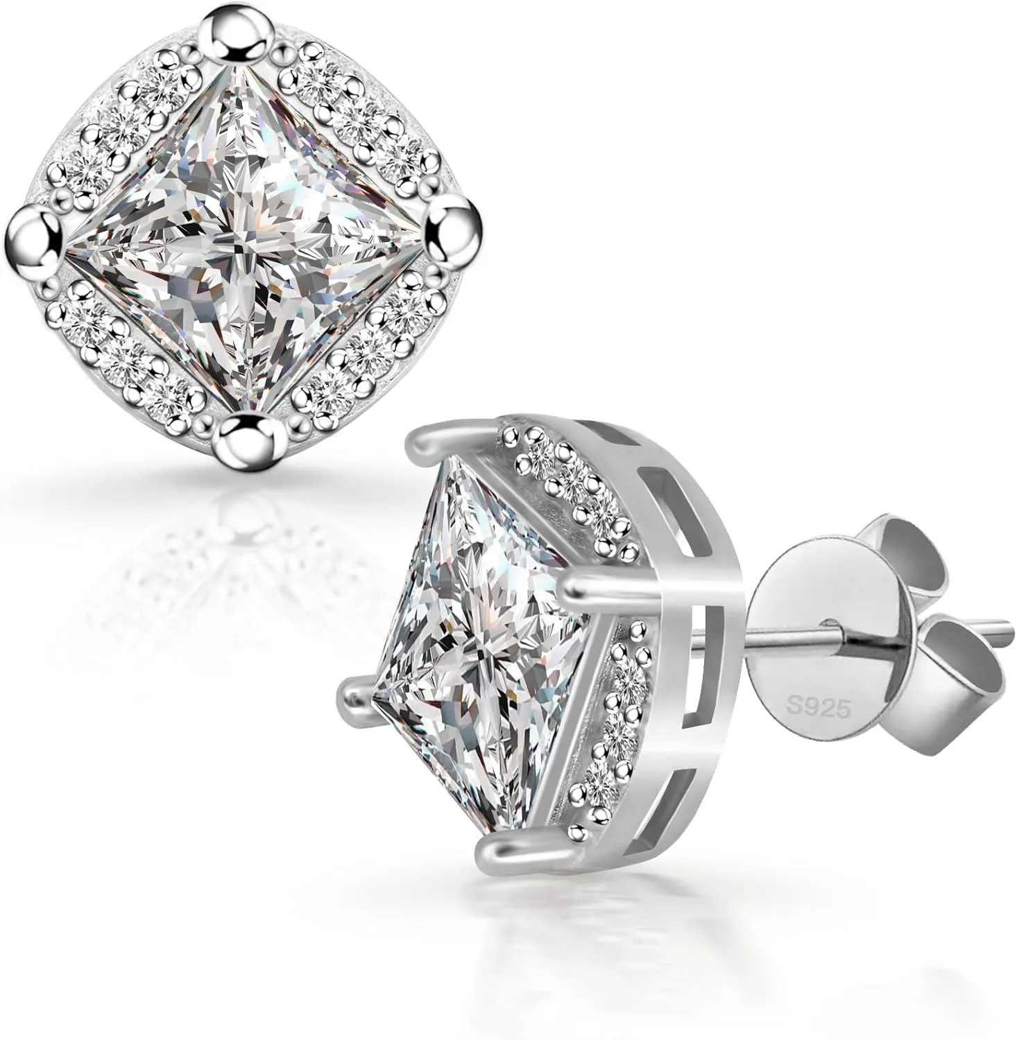 New Princess Cut Moissanite Stud Earrings for Men & Women, 18K White Gold Plated Sterling Silver, D Color VVS1 Lab-Created Moissanite, Brilliant Hypoallergenic Jewelry Gift