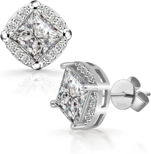 New Princess Cut Moissanite Stud Earrings for Men & Women, 18K White Gold Plated Sterling Silver, D Color VVS1 Lab-Created Moissanite, Brilliant Hypoallergenic Jewelry Gift