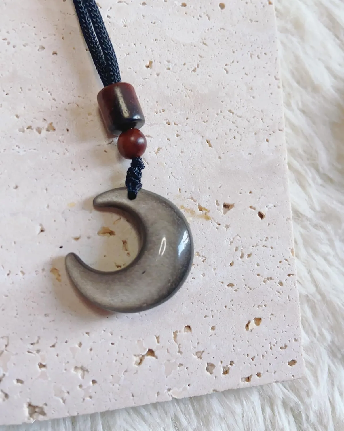 Obsidian Necklace Moon Pendant with Adjustable Cord in 16-25inch for Women or Men Choker Handmade Necklace Jewelry Healing Crystal Dainty Cute Gifts for Bestfriend&Teen&Birthday Silver Obsidian Moon